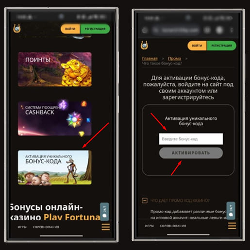 Применение промокода в казино Плей Фортуна